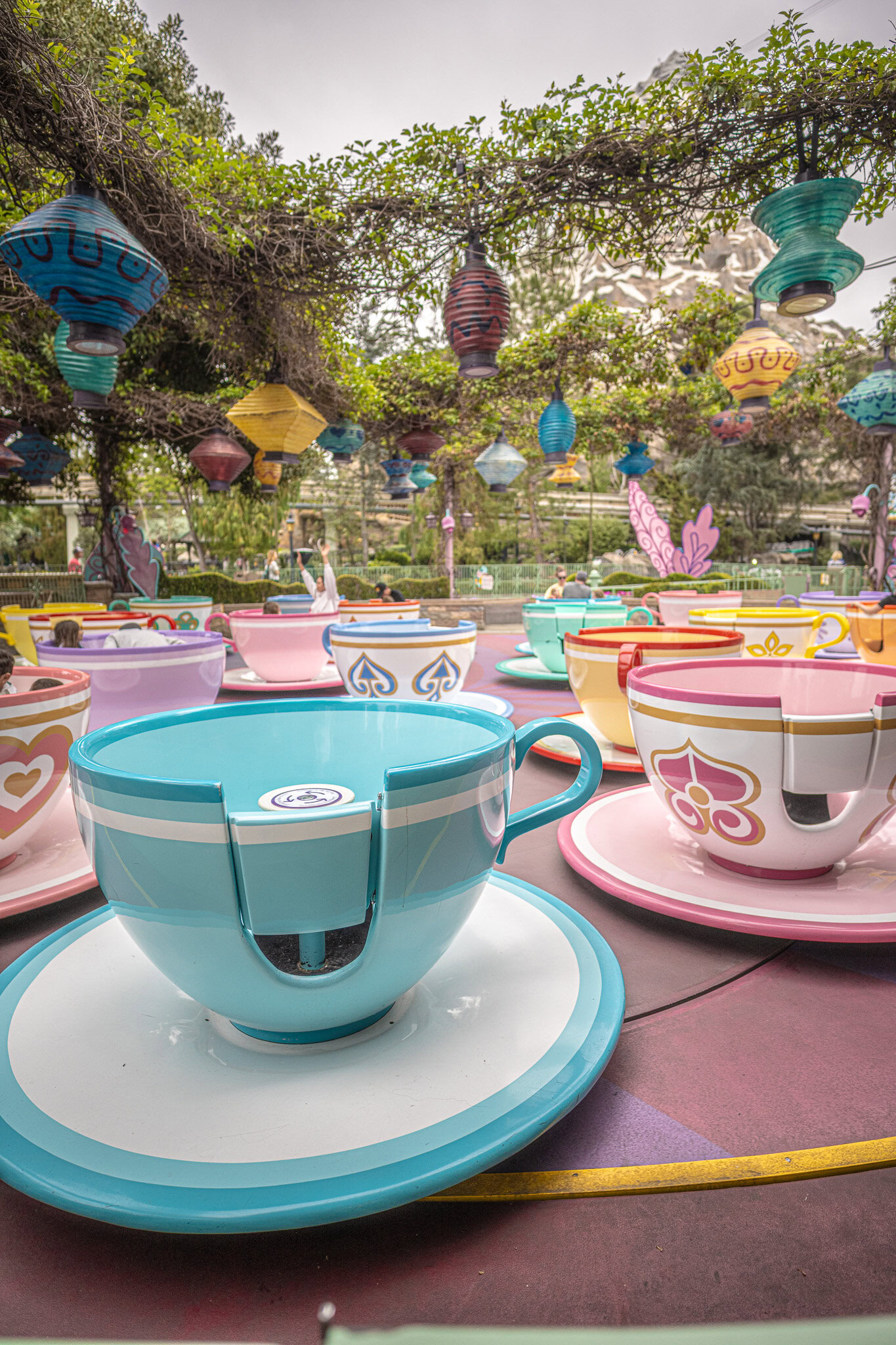 Colorful teacup ride at Disneyland surrounded by whimsical lanterns, photographed by Raúl Colón.