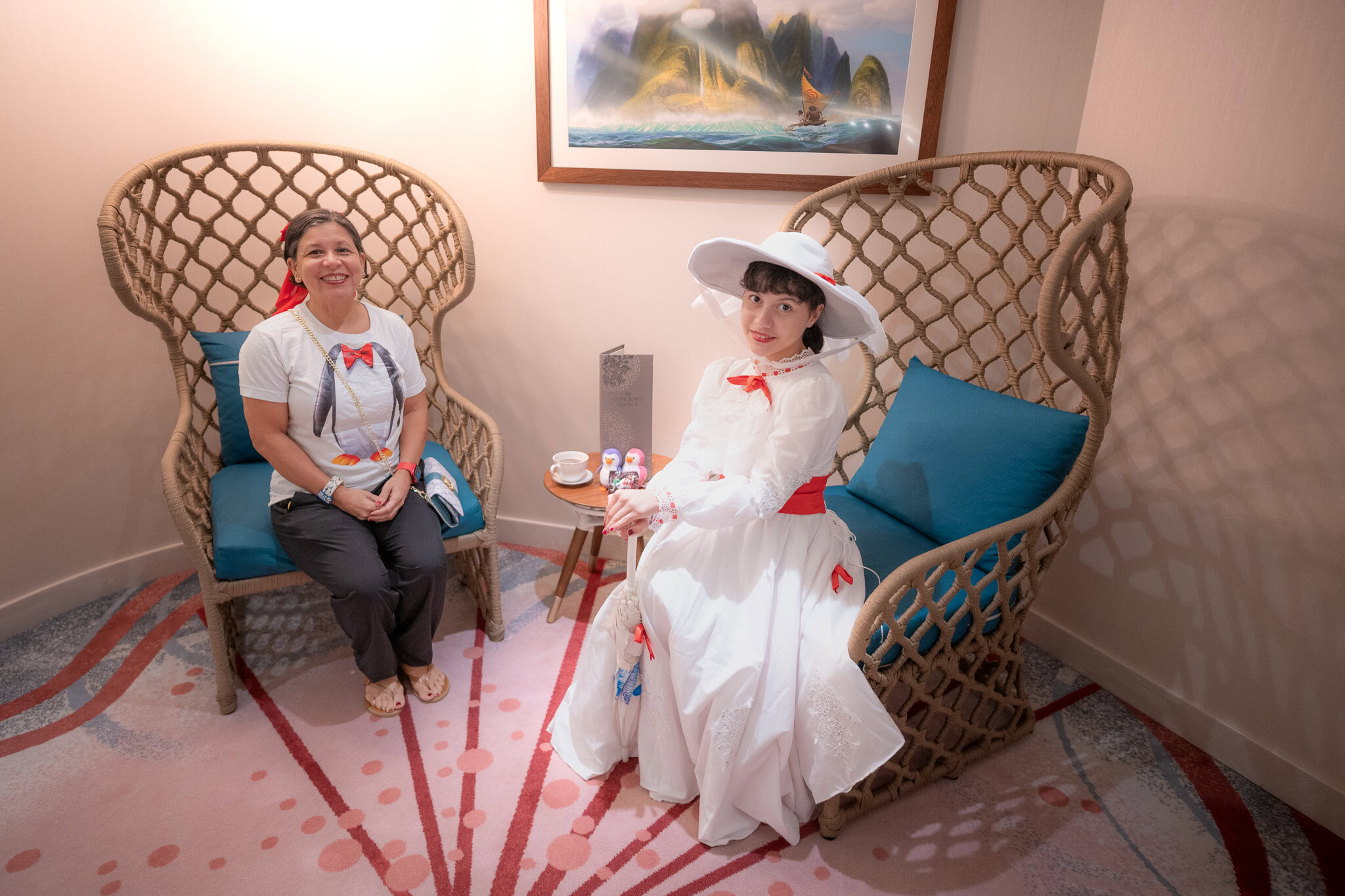 Lucy and Daniela in the Disney Magic Concierge Lounge during Halloween on the High Seas cruise from San Juan Puerto Rico.