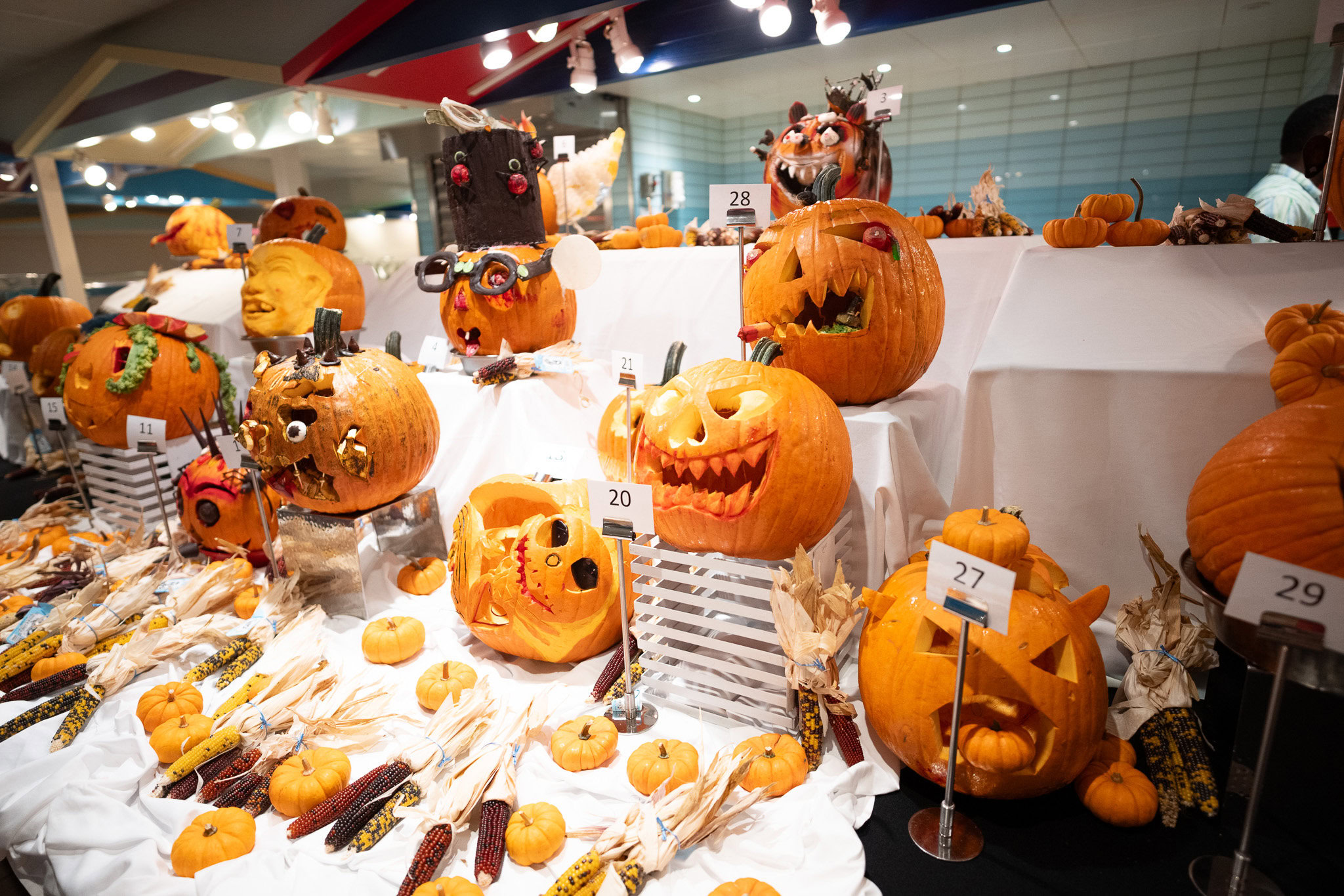 Halloween pumpkin carving display aboard Disney Magic during Halloween on the High Seas cruise from San Juan.
