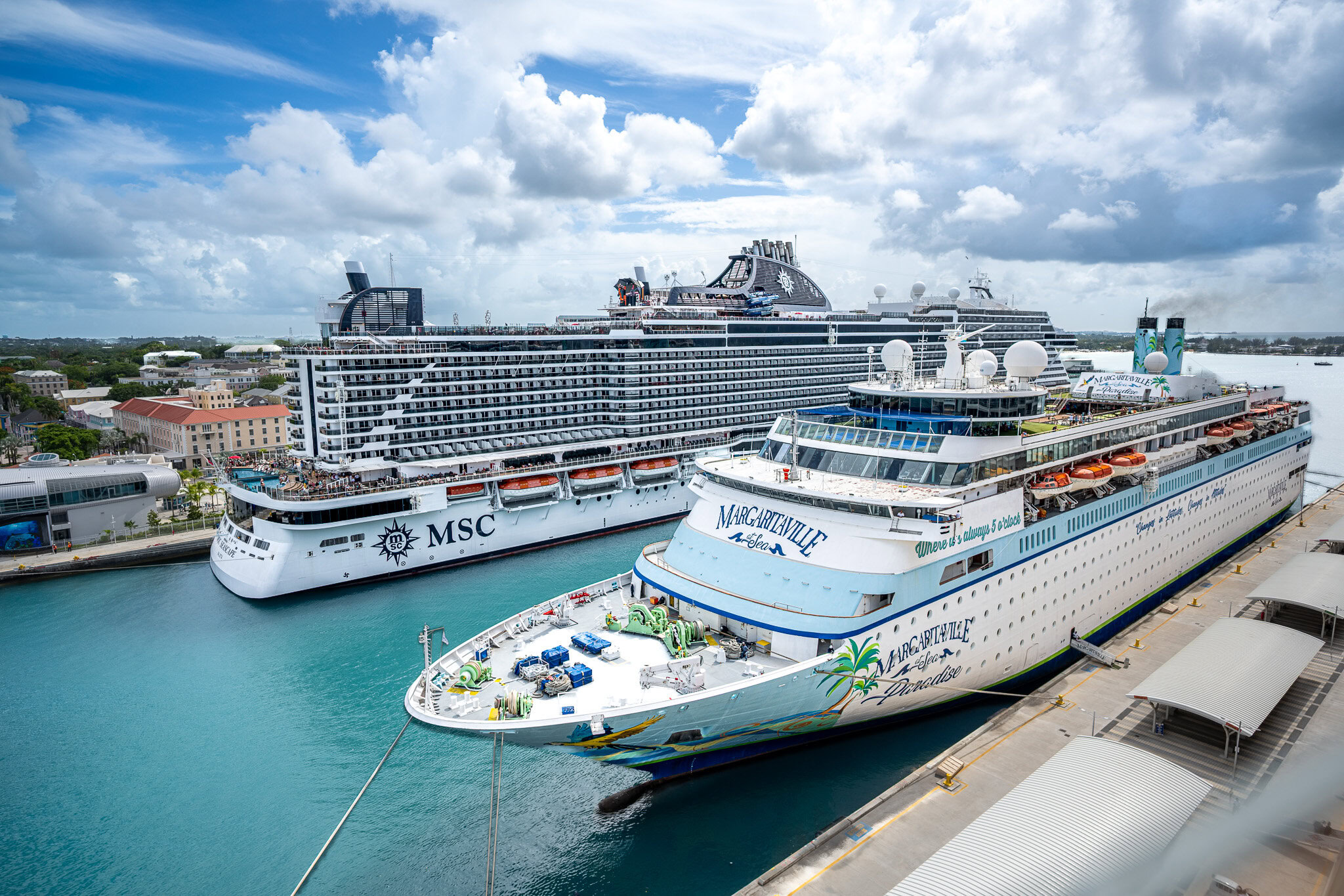 Panoramic view of cruise ships docked in Nassau from Disney Wish