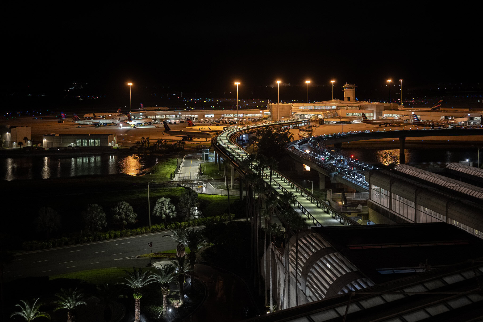Night view of Orlando International Airport runway from Hyatt Regency MCO room