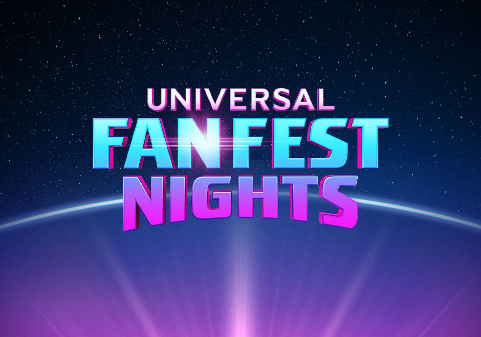 Logotipo de Universal Fan Fest Nights en colores de estilo neón sobre un fondo de temática espacial