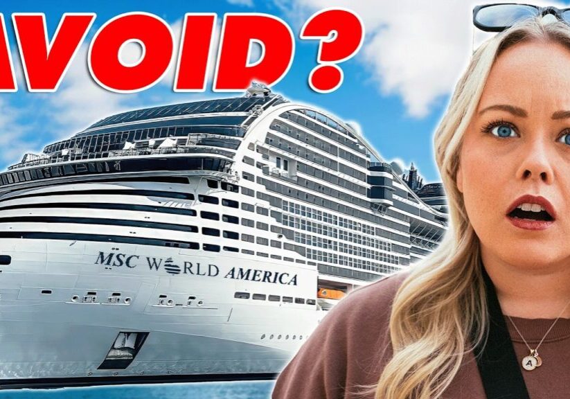 Laura from Travel Spree looking shocked in front of the MSC World America cruise ship with bold red “AVOID?” text above.