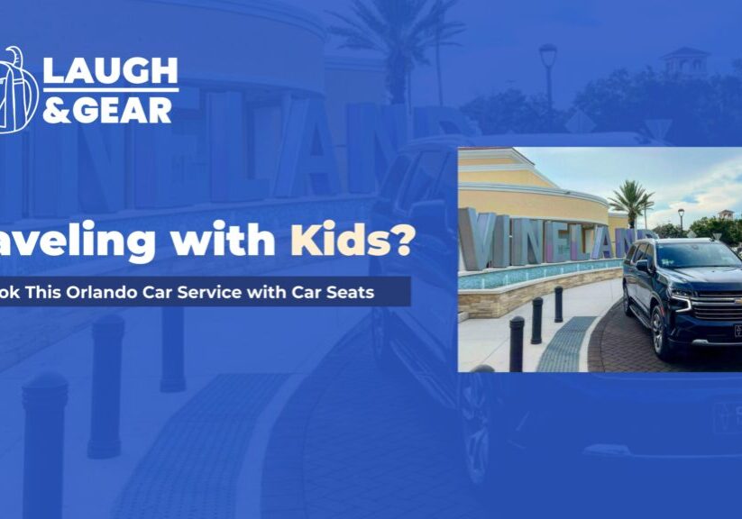 Black SUV from Gem Luxury Services parked at Orlando Vineland Premium Outlets, promoting family-friendly car service with car seats.