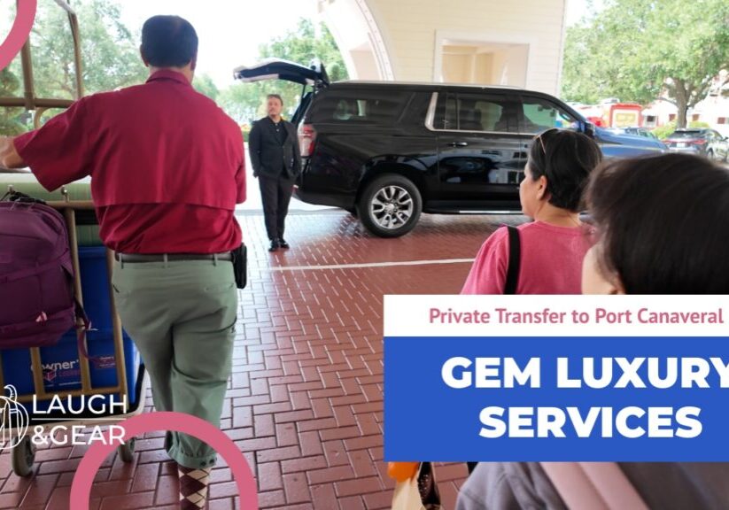 Family preparing for private transfer to Port Canaveral from Disney’s BoardWalk Villas with Gem Luxury Services SUV.