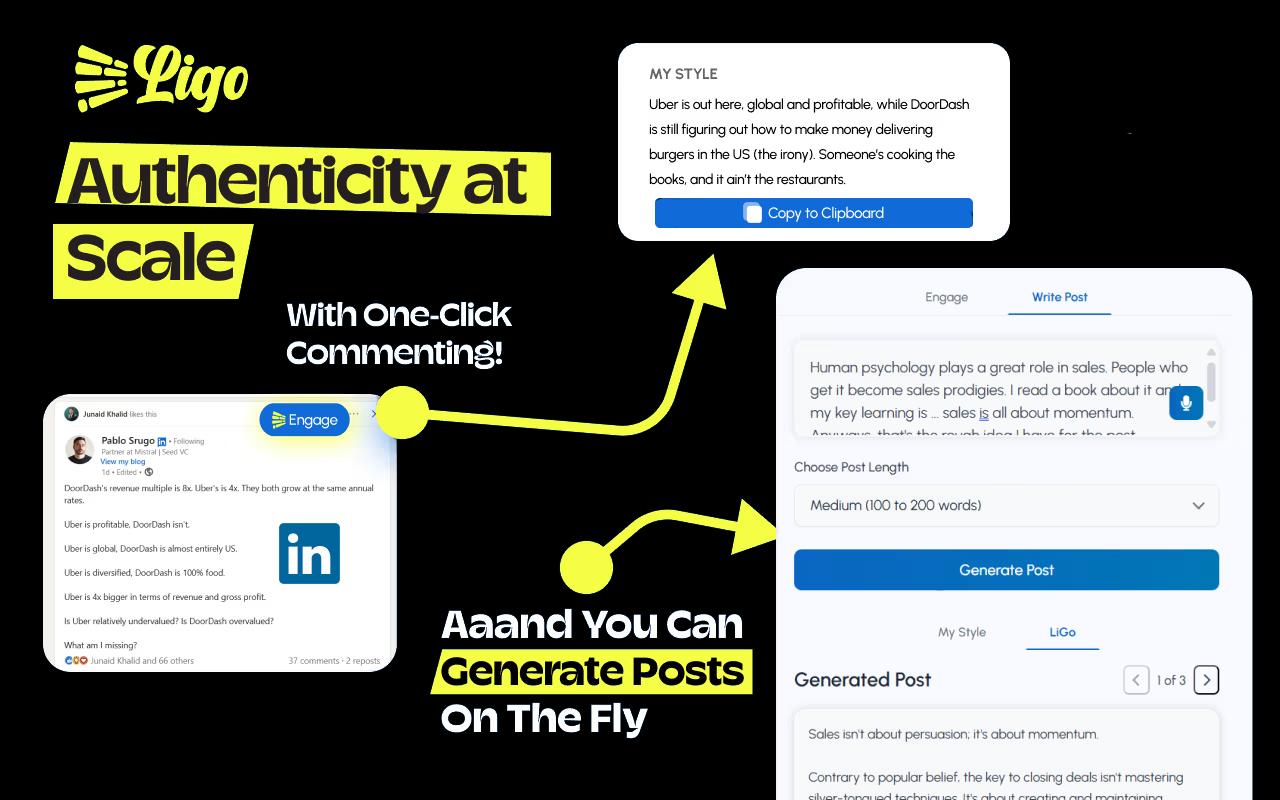 LiGo Chrome Extension interface - Safe LinkedIn commenting tool