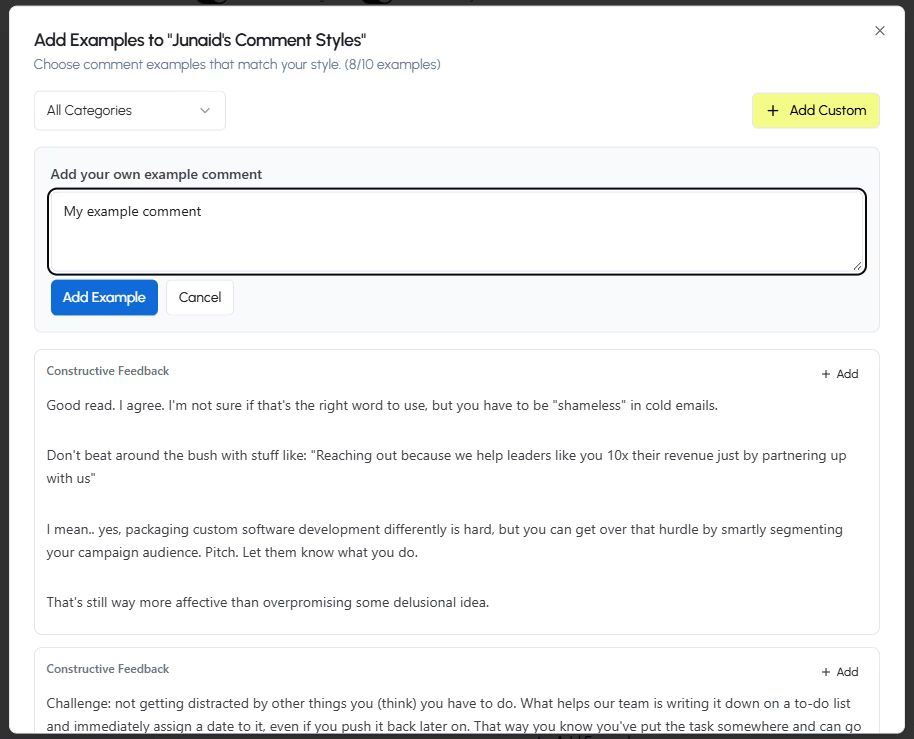 Add Custom Example Comments