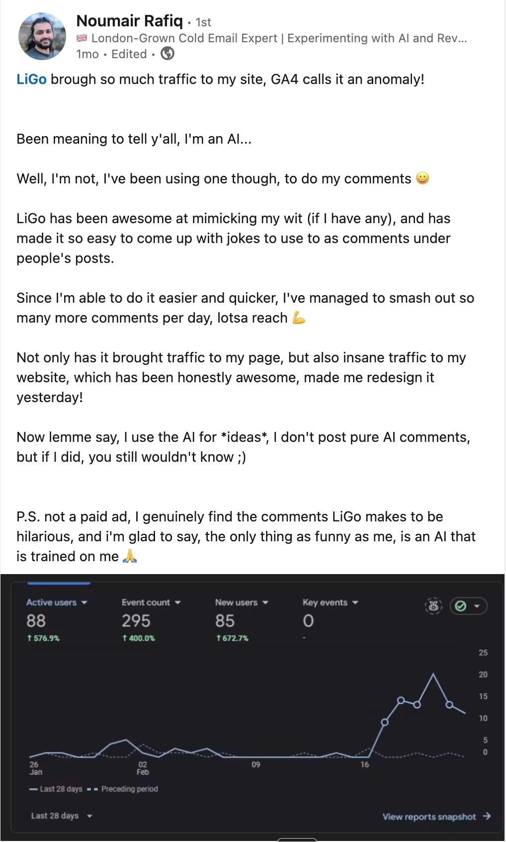 Echte LinkedIn-postgetuigenis die succes toont met LiGo AI-postgenerator - resultaten van virale betrokkenheid