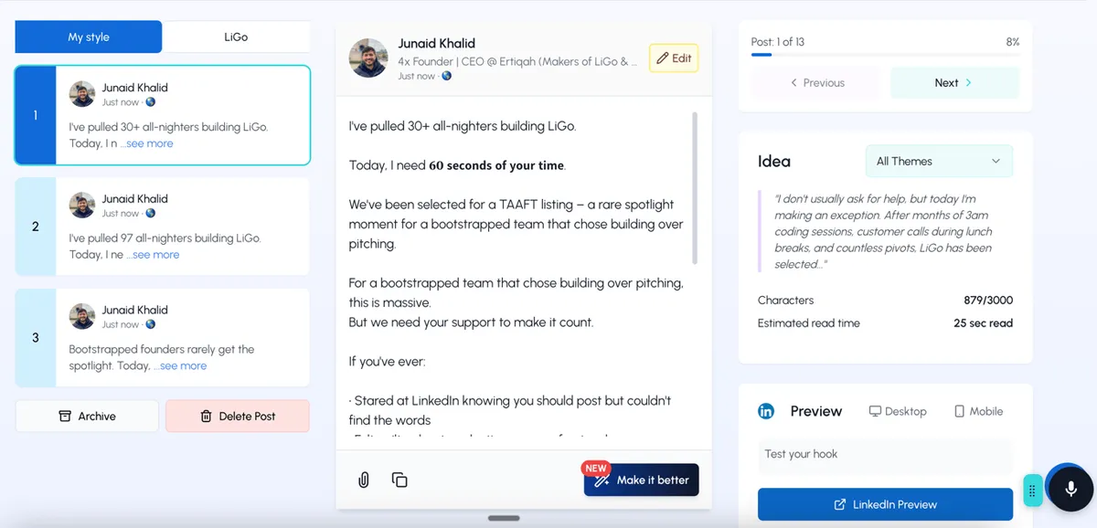 LiGo: LinkedIn Post Generator Voorbeeld Berichten
