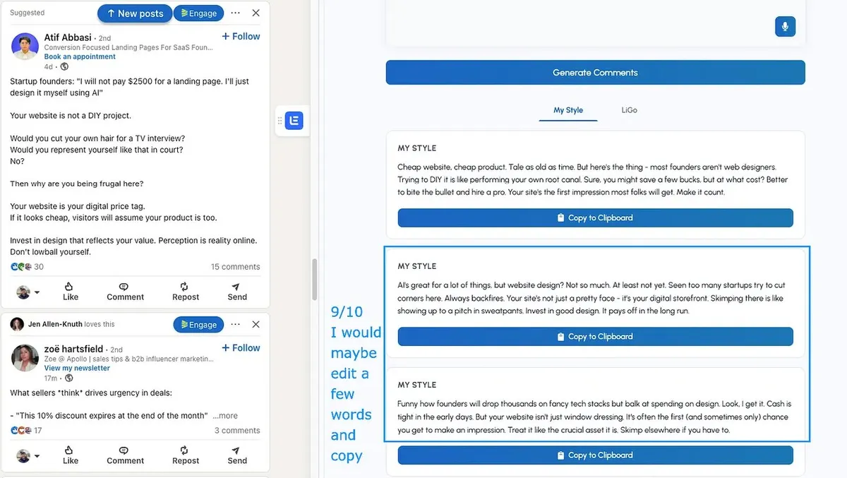 LiGo - LinkedIn Post Generator | Voorbeeld Gegenereerde opmerkingen