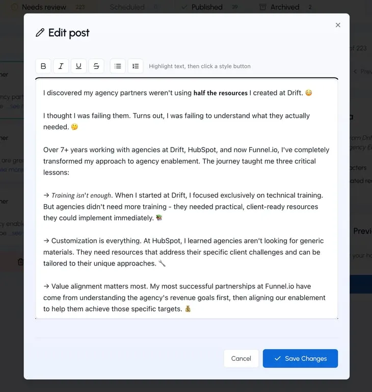 De interface voor het bewerken van berichten van LiGo wedijvert met die van AuthoredUp