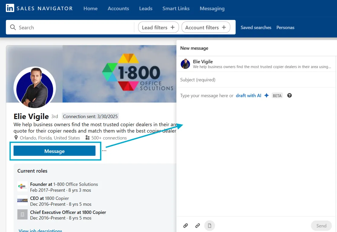 Vista previa de InMail en Linkedin Sales Navigator