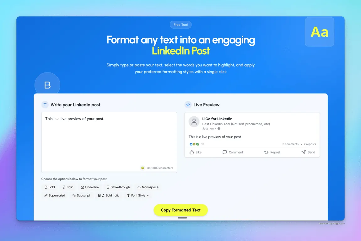 LiGo's Linkedin Text Formatter Tool-interface
