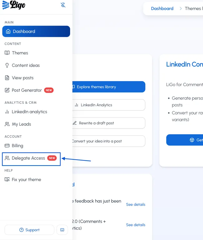 LiGo Delegate Access optie in het dashboard