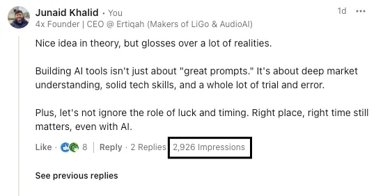 LinkedIn now shows the number of impressions you got on your comment on another  person's LinkedIn post