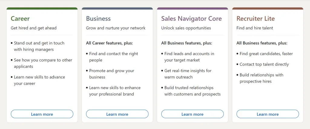 LinkedIn Premium plans comparison showing the different tiers and their key features
