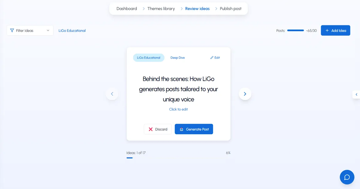 LiGo's Review Ideas interface
