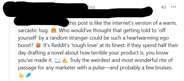 Een voorbeeld van een slechte linkedin-opmerking die uitgebreid is en vol emoji's staat.