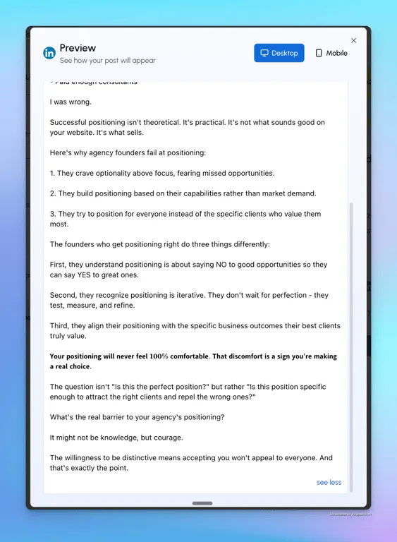 Vista previa de la publicación de LiGo con texto en negrita