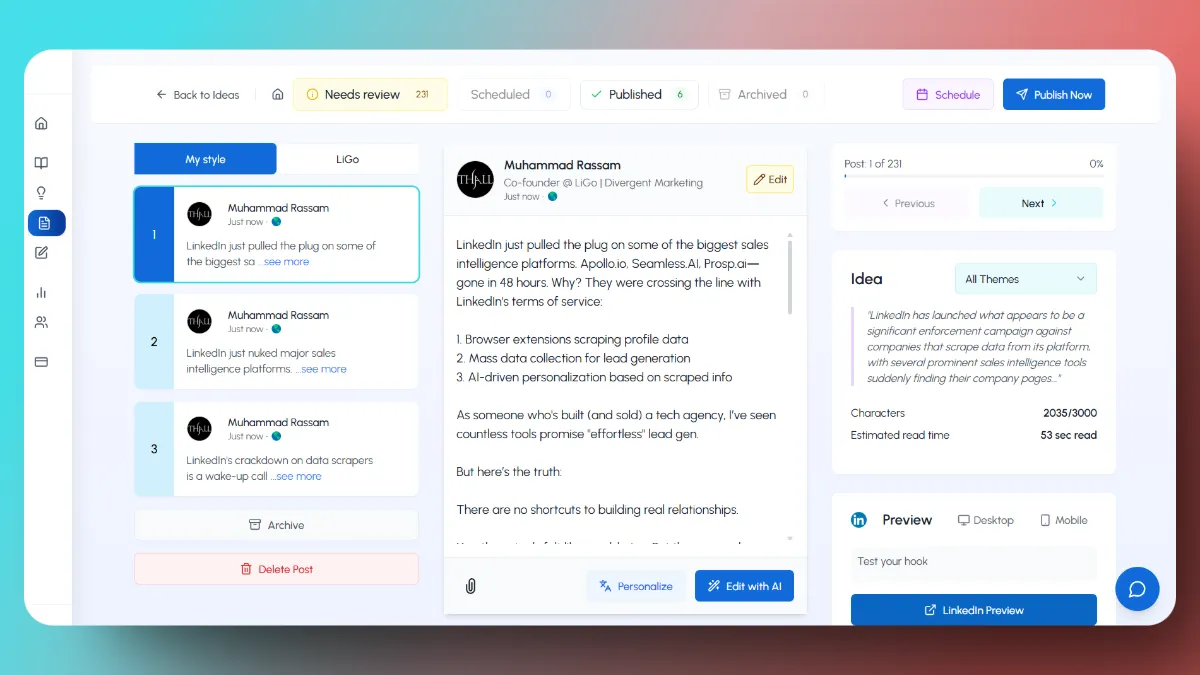 La interfaz Publicar publicación de LiGo lo ayuda a formatear sus publicaciones teniendo en cuenta la vista de Linkedin.