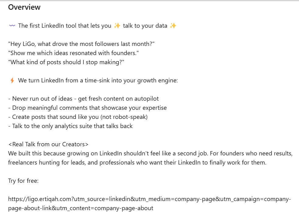 Example company page bio