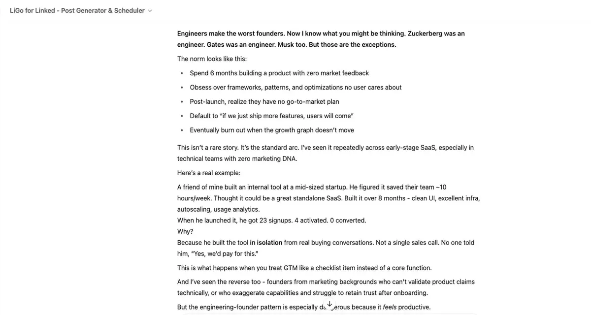 LinkedIn post generated by LiGo’s CustomGPT on GPTStore