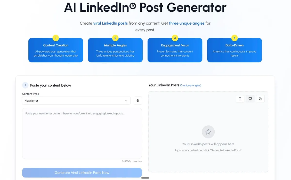 Interfaz de generador de publicaciones de Linkedin con IA de LiGo