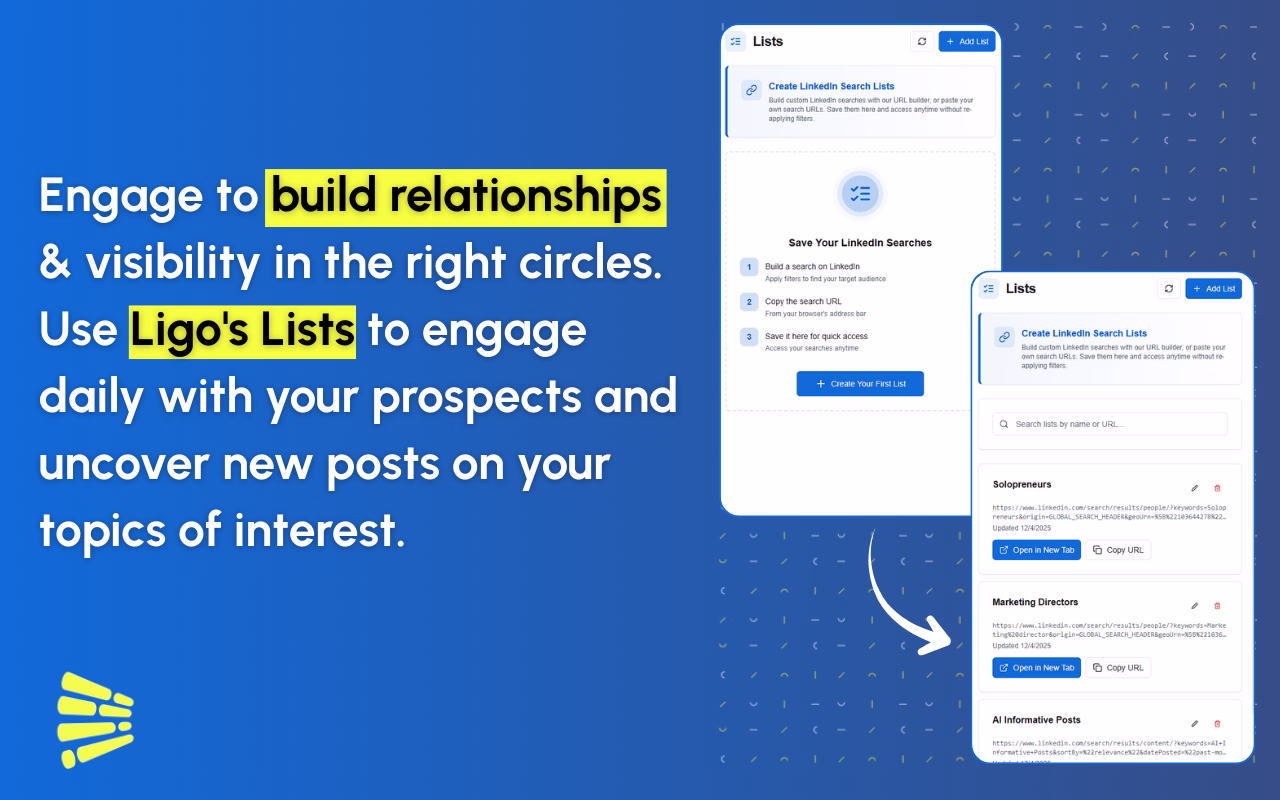 Screenshot showing the LinkedIn Lists interface in the LiGo Chrome Extension