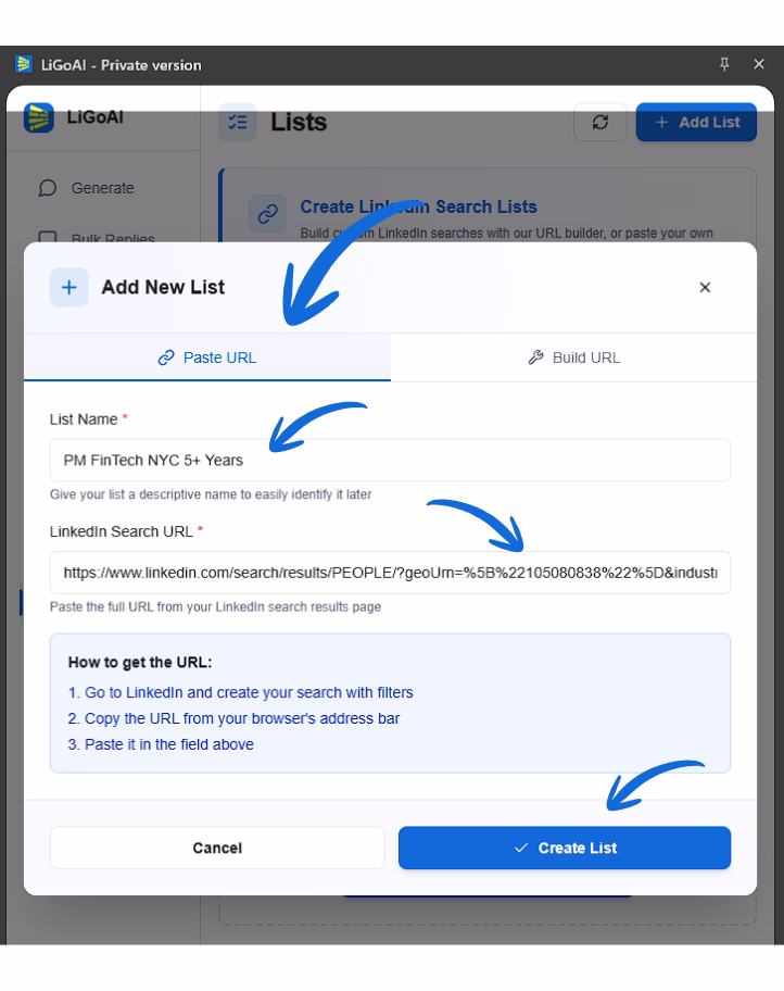 Screenshot of the Add List dialog showing the completed form with Paste URL option