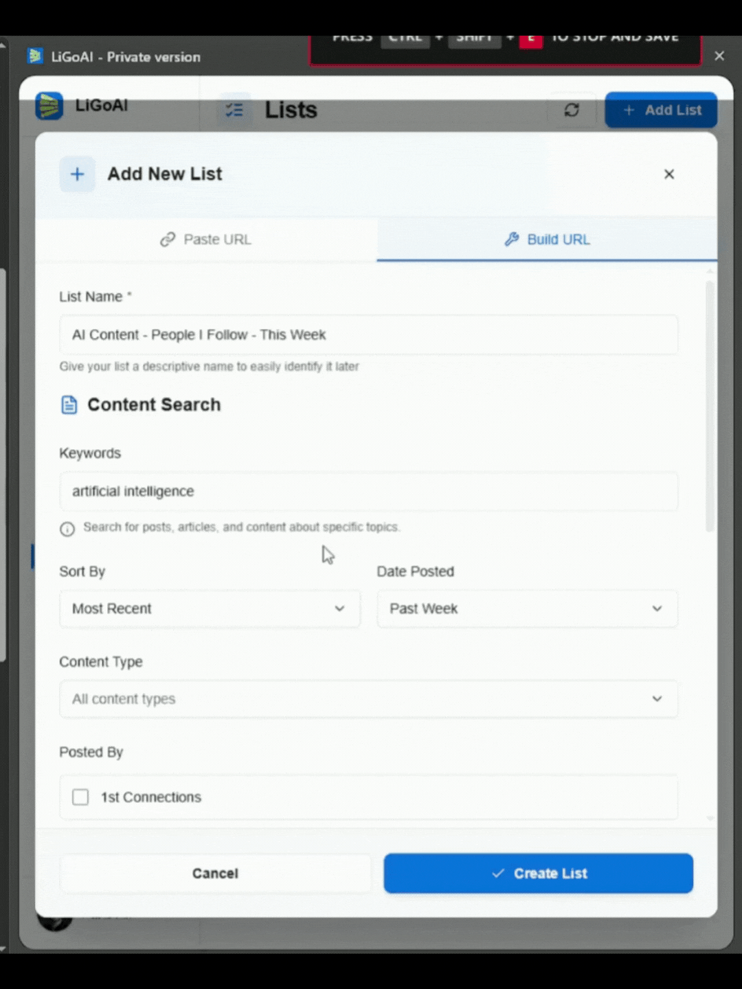 Animated GIF showing the complete process of building and saving a search using the URL Builder