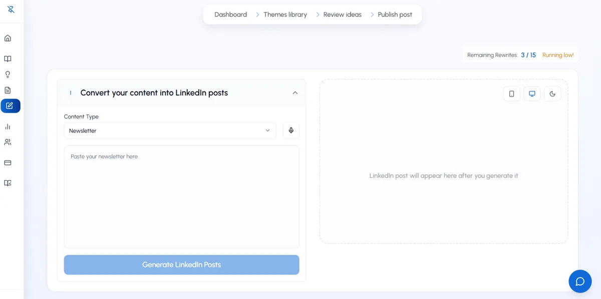 L'interfaccia del generatore di post LiGo ti consente di inserire i tuoi contenuti di lunga durata per ottenere post su Linkedin.