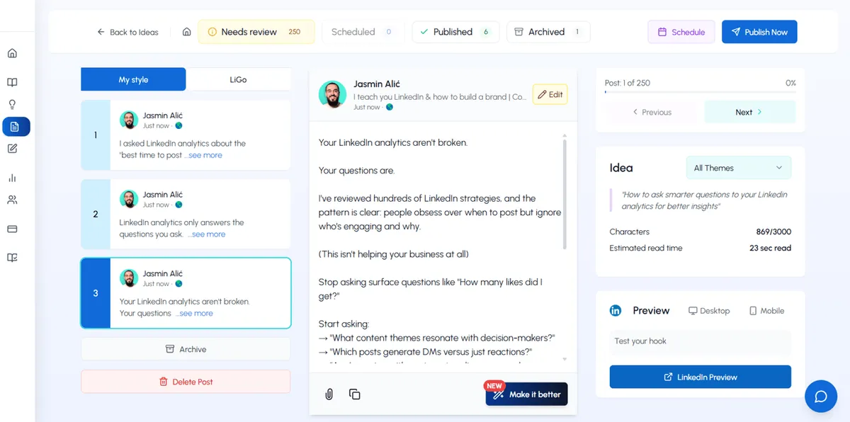 LiGo Publish Post interface helps you edit your posts with AI