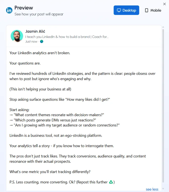 LiGo Post Preview showing the full post.