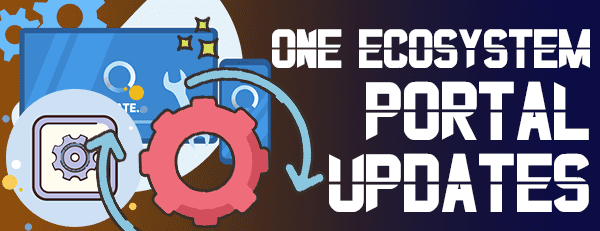 Një banderolë me tekstin "OneEcosystem Portal Update" dhe pajisje, çelësa dhe pajisje të ndryshme dixhitale.
