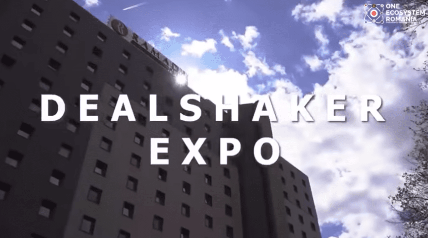 Building under a bright sky. In large white letters, it says "DealShaker Expo" and in the upper right corner it has the logo "One Ecosystem Romania". This event is a real highlight of events in Romania.