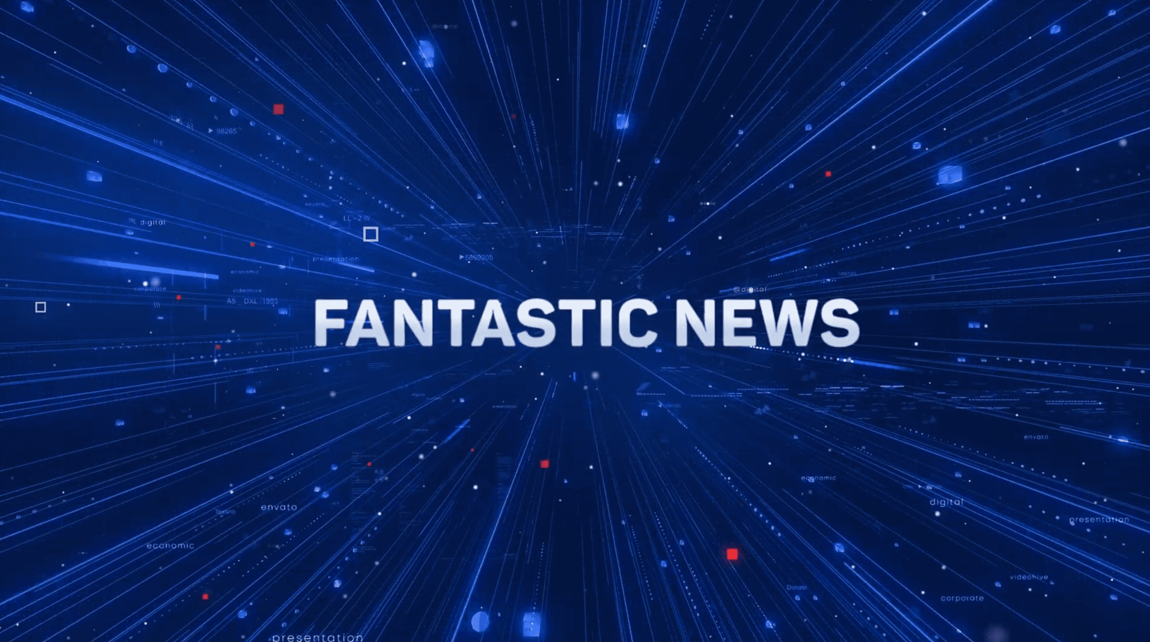 يتم عرض نص "أخبار رائعة" بشكل بارز مع خطوط متوهجة من الضوء وعناصر رقمية صغيرة باللونين الأحمر والأبيض على خلفية زرقاء ، في إشارة إلى حدث رقمي مثير أو إطلاق منتج جديد.
