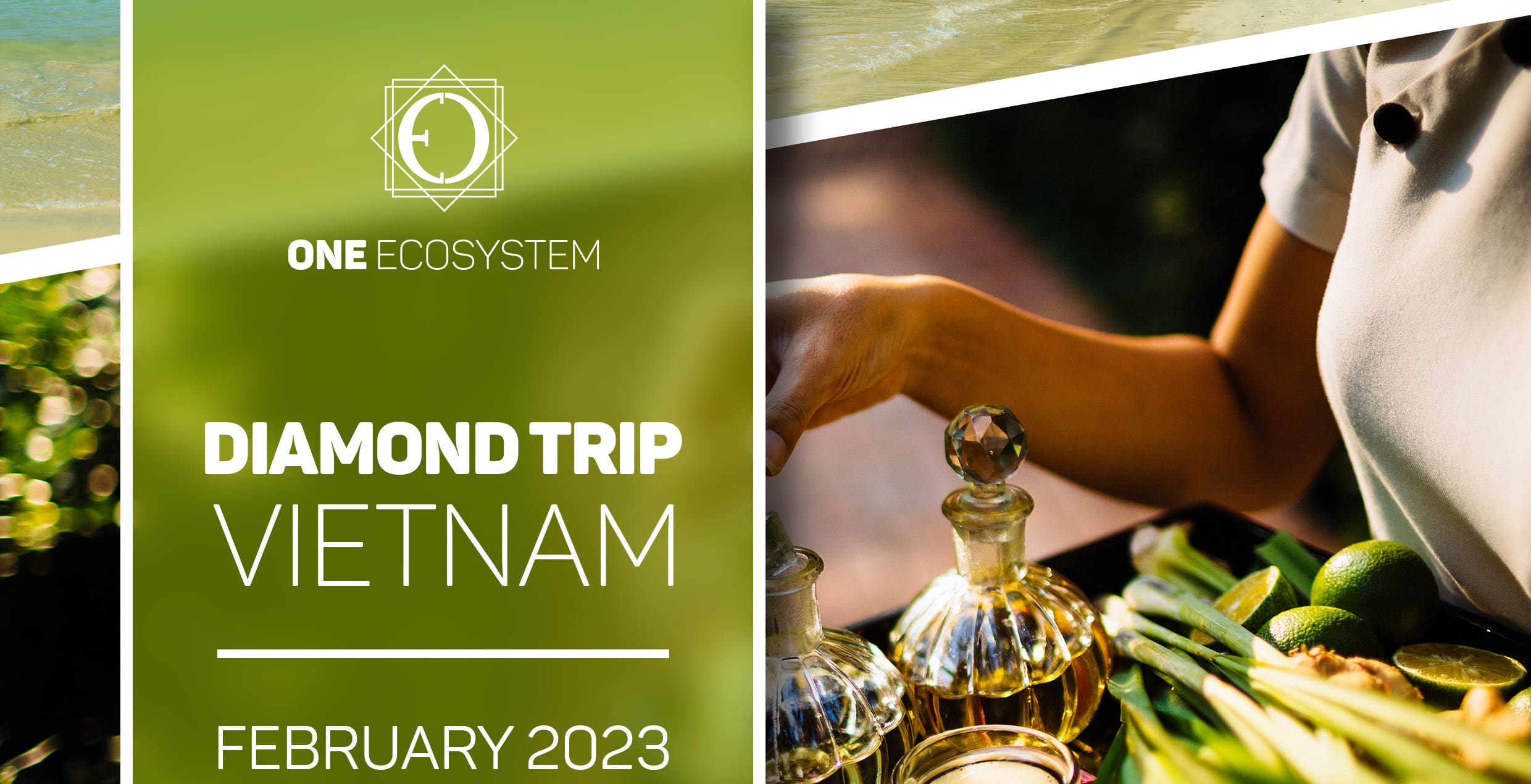 Imatge promocional de l'esdeveniment "One Ecosystem Diamond Trip Vietnam" que se celebrarà el febrer de 2023. Representa com se serveixen diversos ingredients en una safata i es cuinen.