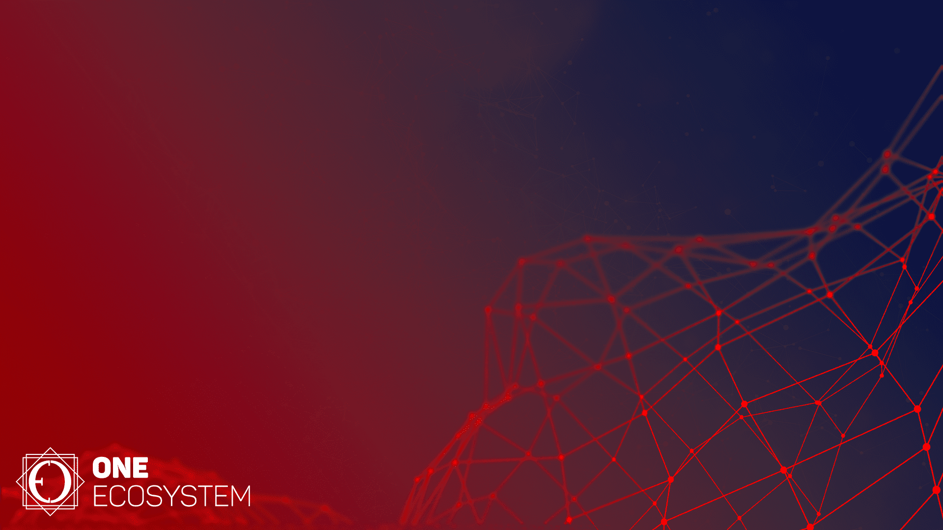 Su uno sfondo scuro con una sfumatura rossa e blu, vedrai una rete di linee rosse e nodi interconnessi. Nell'angolo in basso a sinistra sono posizionate le parole "ONE ECOSYSTEM" e un logo geometrico, che simboleggia l'implementazione di una piattaforma unificata costruita su una blockchain pubblica.