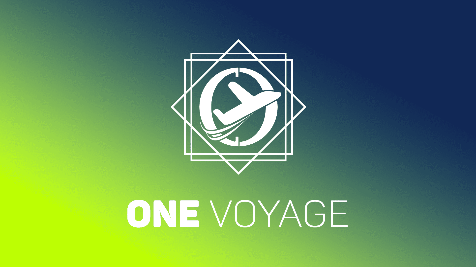 "ONE VOYAGE" logo. The plane is depicted in a geometric shape, and the background is a gradient from dark blue to lime green. This design serves as a "door to the world" that symbolizes endless journeys and adventures.