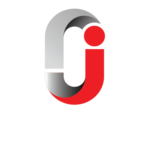 Logotipo estilizado en rojo y gris con un diseño geométrico en 3D con formas superpuestas.