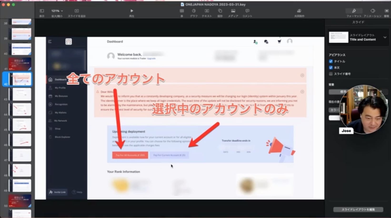 On the computer screen, you will see a dashboard interface with Japanese text and arrows dated April 23, 2023. In the video call window in the lower right corner, you can see people participating in a live discussion about the ONE Economic Zone.