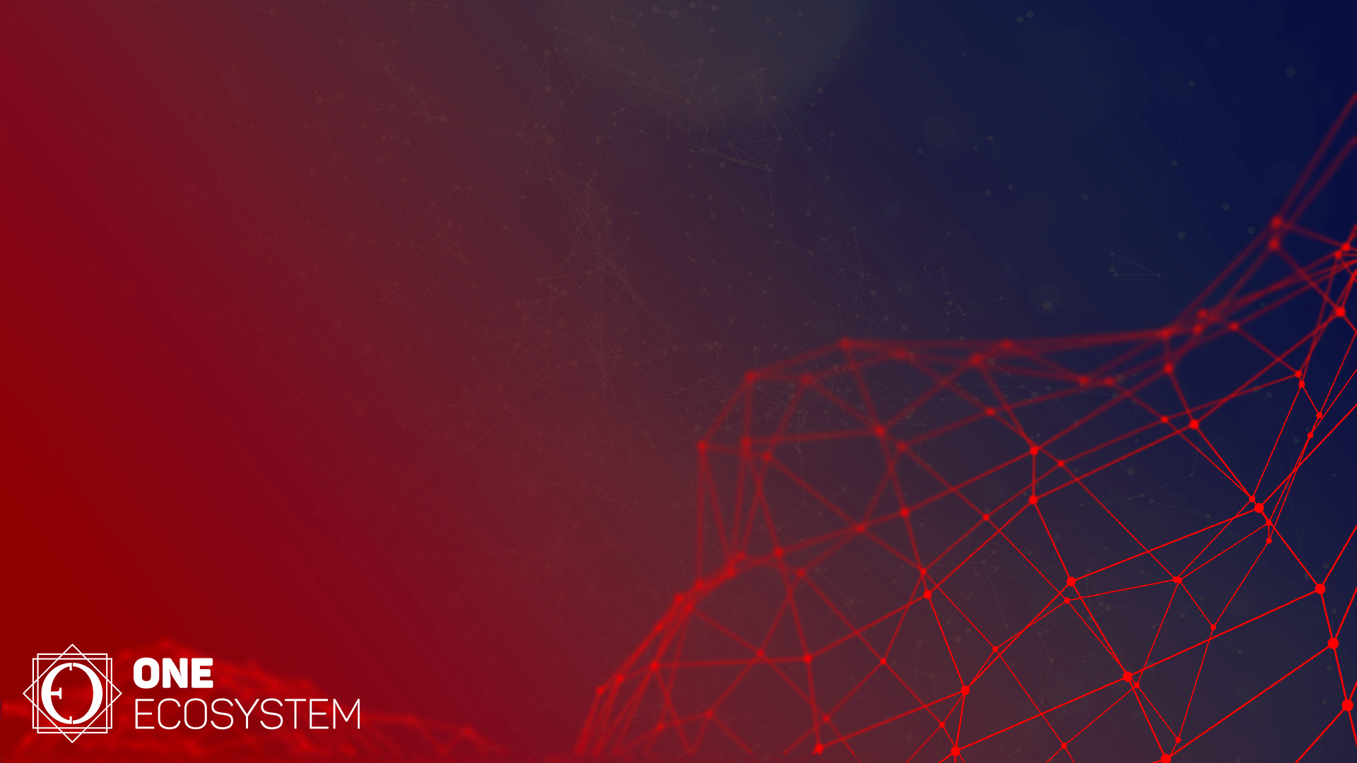 Tiene una estructura geométrica de alambre rojo sobre un fondo degradado oscuro, y el texto y el logotipo de "One Ecosystem" aparecen en la esquina inferior izquierda, simbolizando el inicio de la primera fase de la cadena pública.