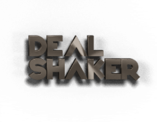 تظهر الصورة النص "DEAL SHAKER" بأحرف كبيرة غامقة على خلفية سوداء.