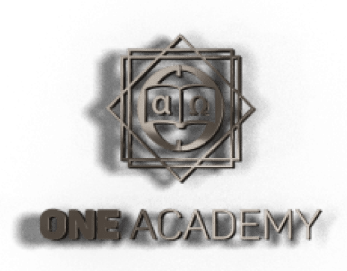 شعار One Academy هو تصميم هندسي يصور كتابا مفتوحا ، مع عبارة "ONE ACADEMY" تحته.