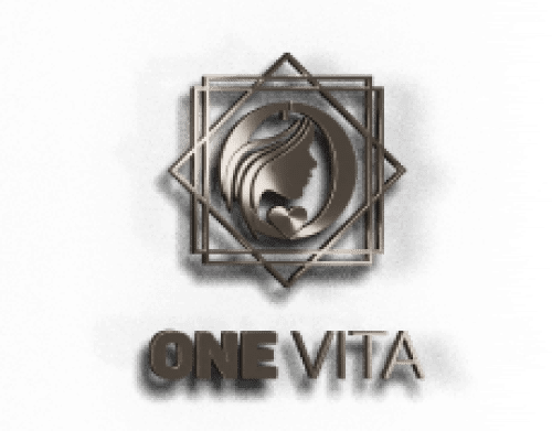 شعار "One Vita". تم تصميم المظهر الجانبي لوجه المرأة في إطار هندسي ، تكتب تحته كلمات "One Vita".