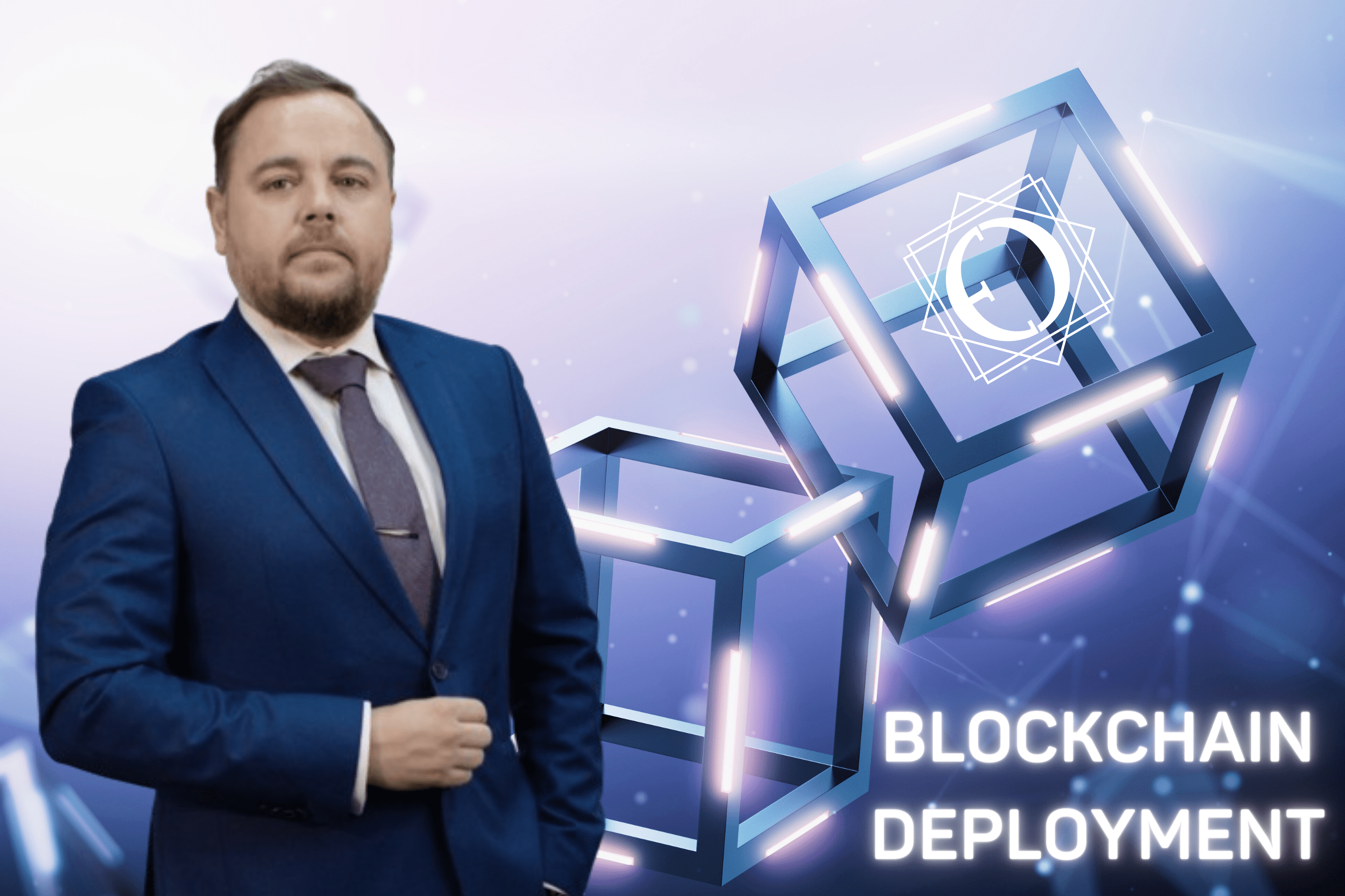 Un bărbat în costum responsabil de migrarea blockchain este în viitor într-un apel vocal