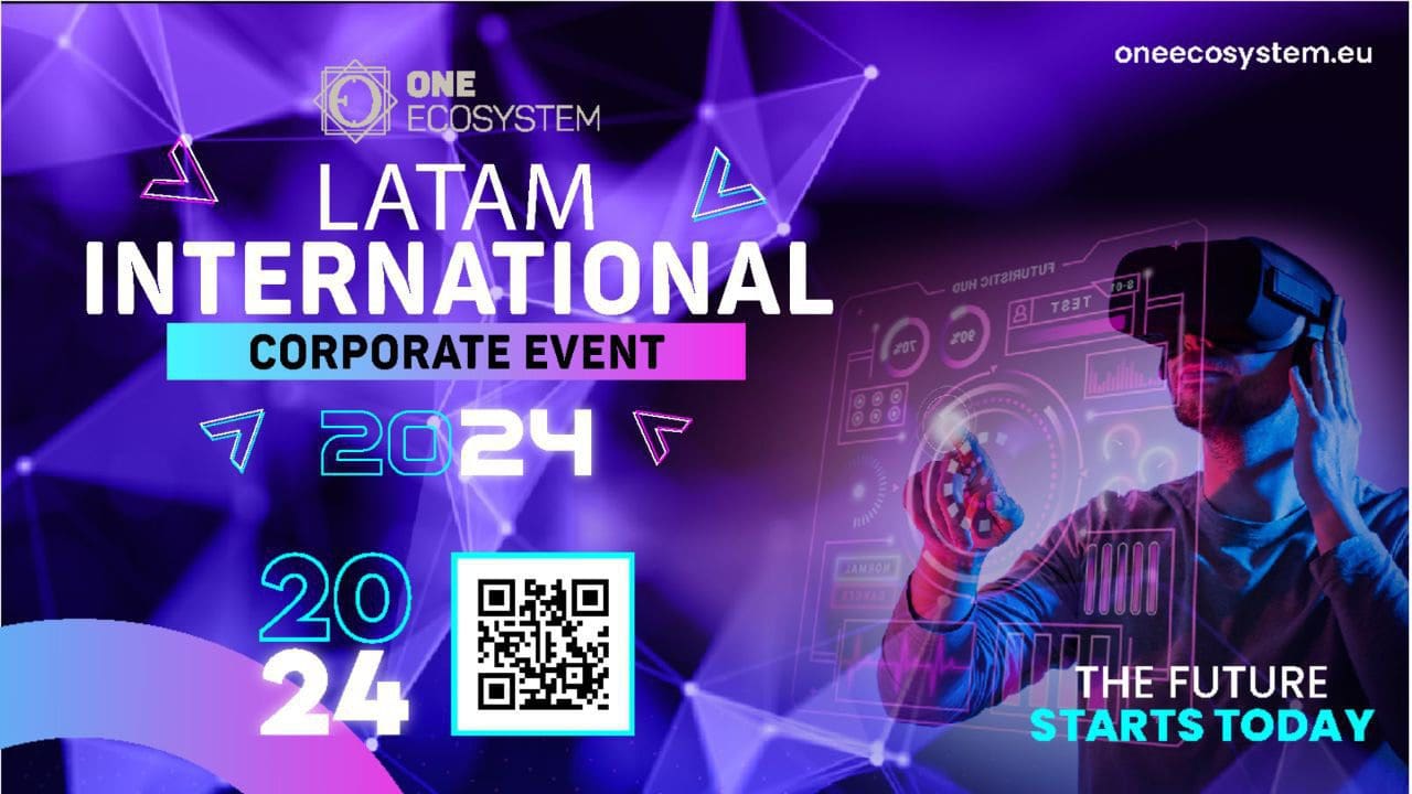 Gràfic promocional per a l'esdeveniment corporatiu internacional LATAM 2024 de One Ecosystem. Compta amb codis QR, imatges futuristes i una persona que porta uns auriculars de realitat virtual per interactuar amb elements digitals. La Columbia Deal Shaker Expo és un altre esdeveniment a seguir.