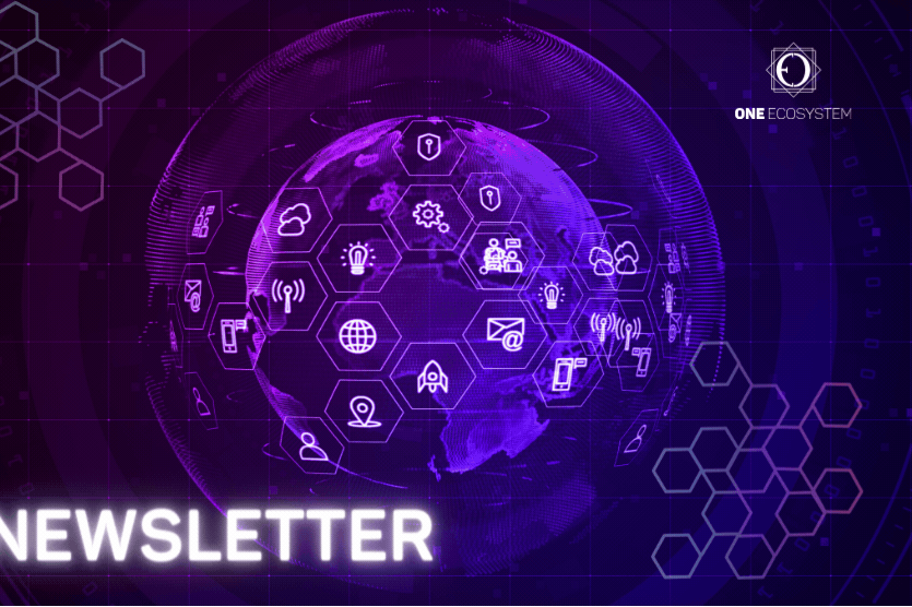 Dunia digital dengan berbagai ikon teknologi dan komunikasi akan ditampilkan dalam desain bertema ungu dan biru berlabel "Newsletter" dan "ONE ECOSYSTEM" yang menampilkan berita terbaru dari DealShaker.