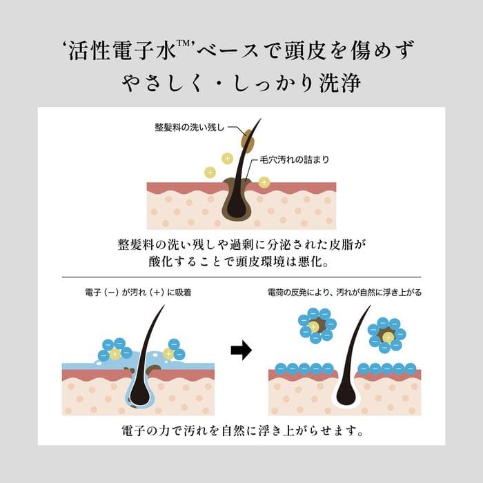 通过电子同步处理使用活性离子水清洁头皮的图示。 您将看到如何从毛囊中去除污垢并洗掉，使头发清洁而不会损坏头皮。 这是女性头皮护理的理想解决方案。