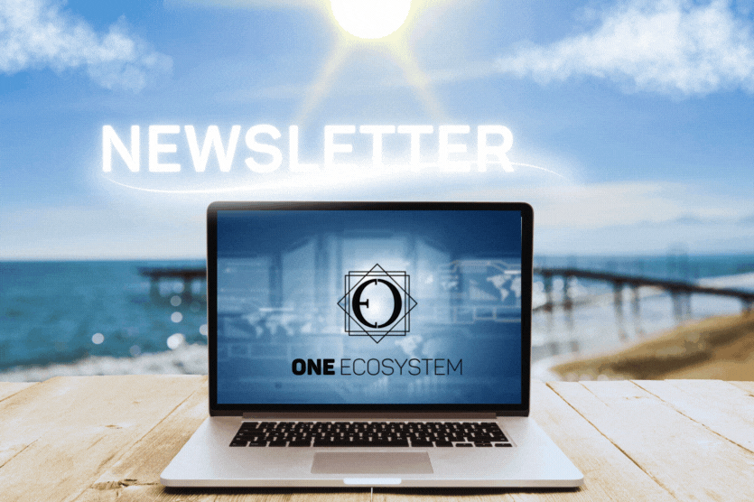 Există un laptop pe o masă de lemn, iar ecranul spune "UN ECOSISTEM". Există o plajă în fața ei, iar cuvintele "OES Newsletter" plutesc pe cer.